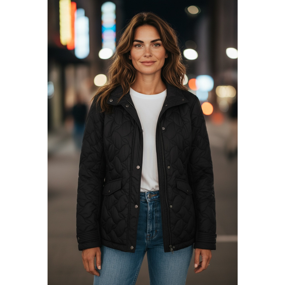 Lands End Womens L 14-16 Black Quilted Jacket Snap Front Lightweight Coat - Picture 2 of 11